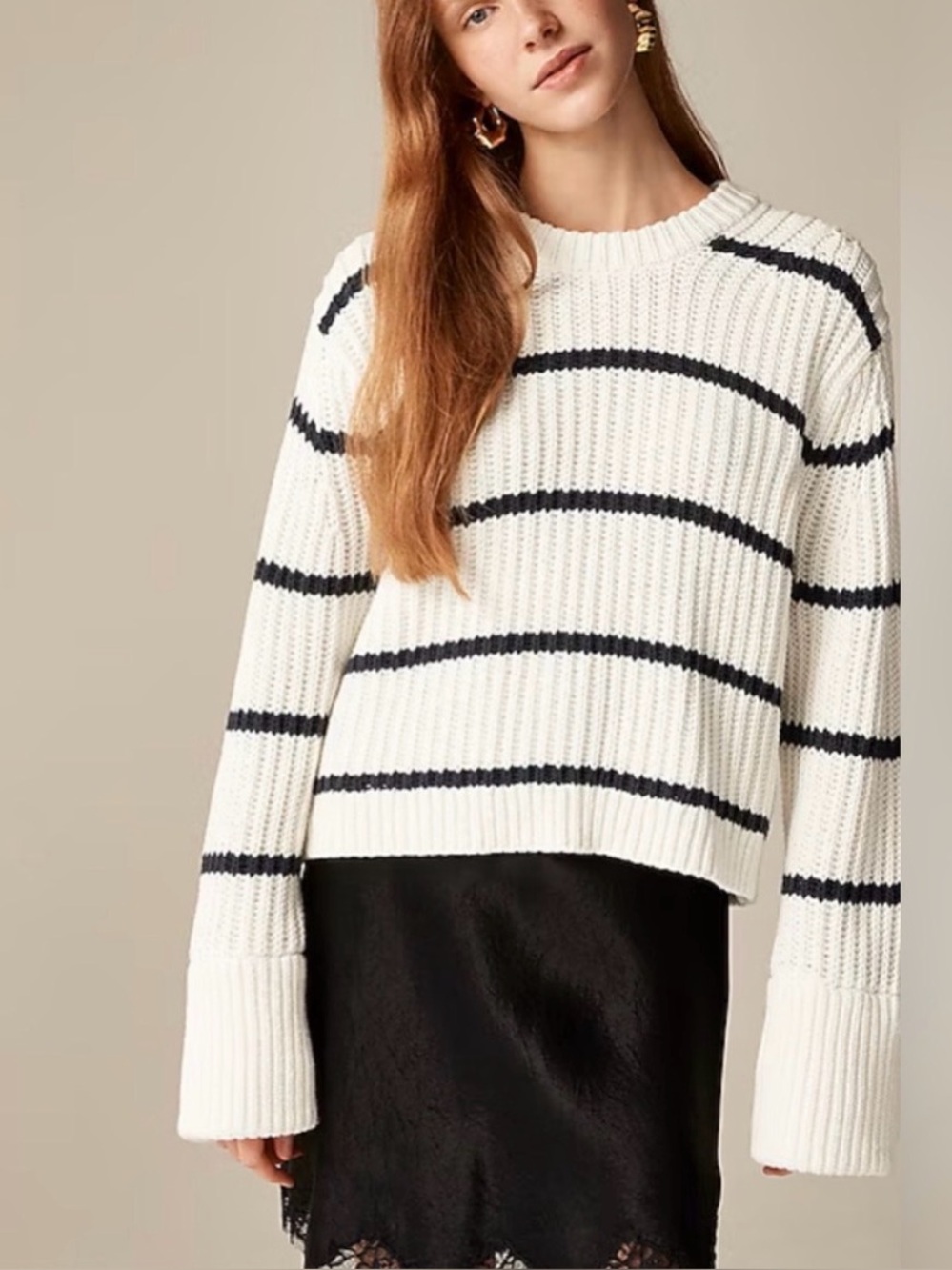 J. Crew White Crewneck Fisherman Oversized Cotton Sweater with Navy Stripes